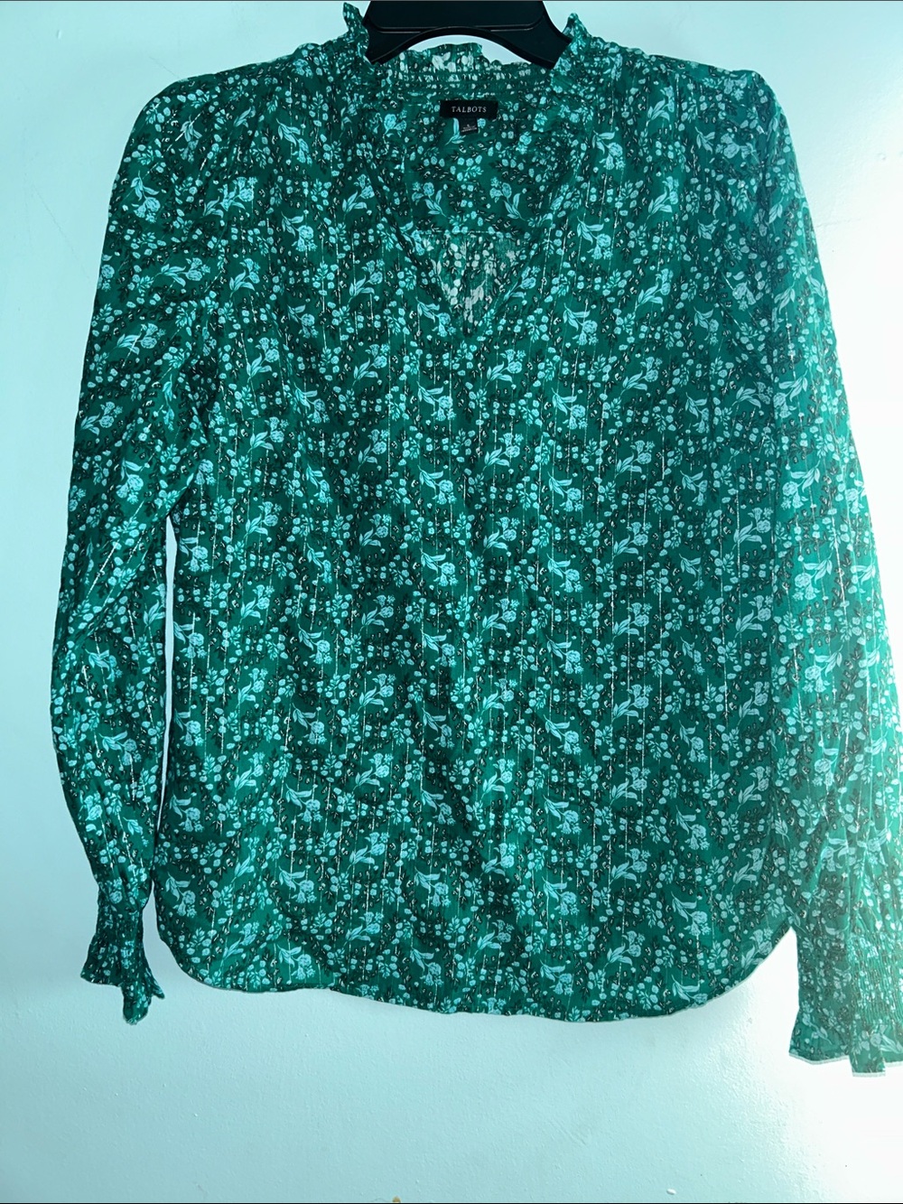 Talbots Emerald Green Floral Pintuck Blouse